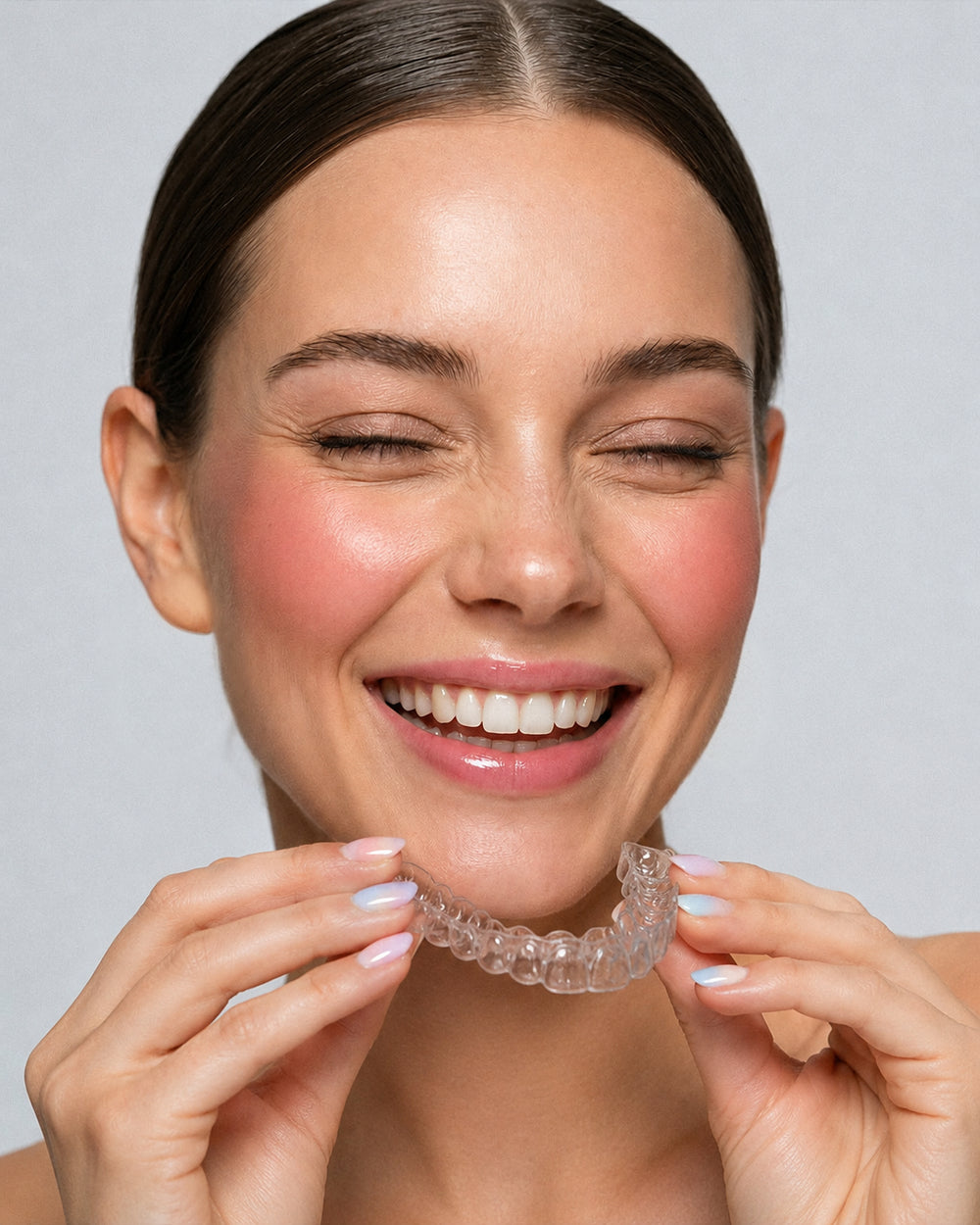 Woman holding a clear dental aligner against a plain background