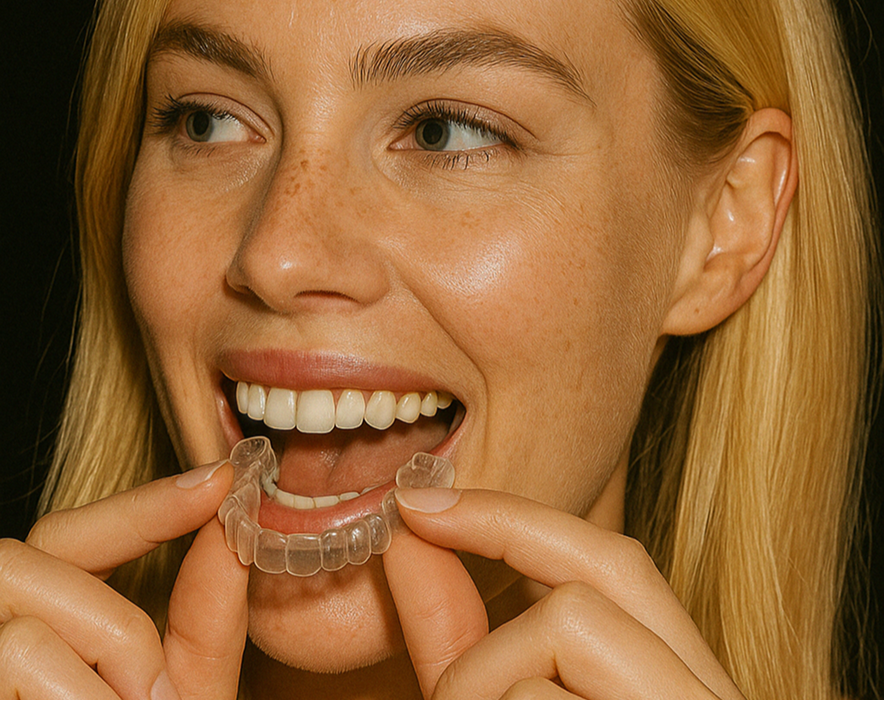 Woman holding clear aligners from #1 Clear Braces in LA. 