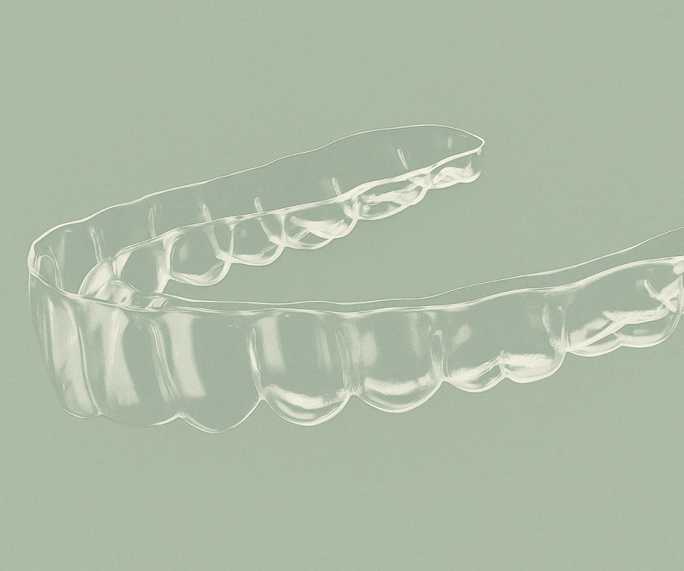 Clear dental aligner on a light green background