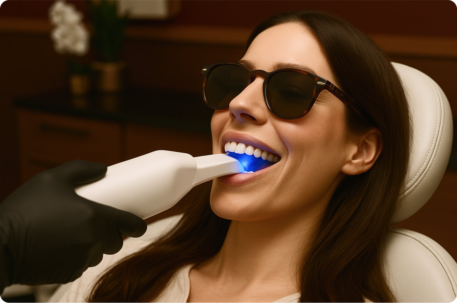 Woman receiving teeth whitening treatment with a device.
