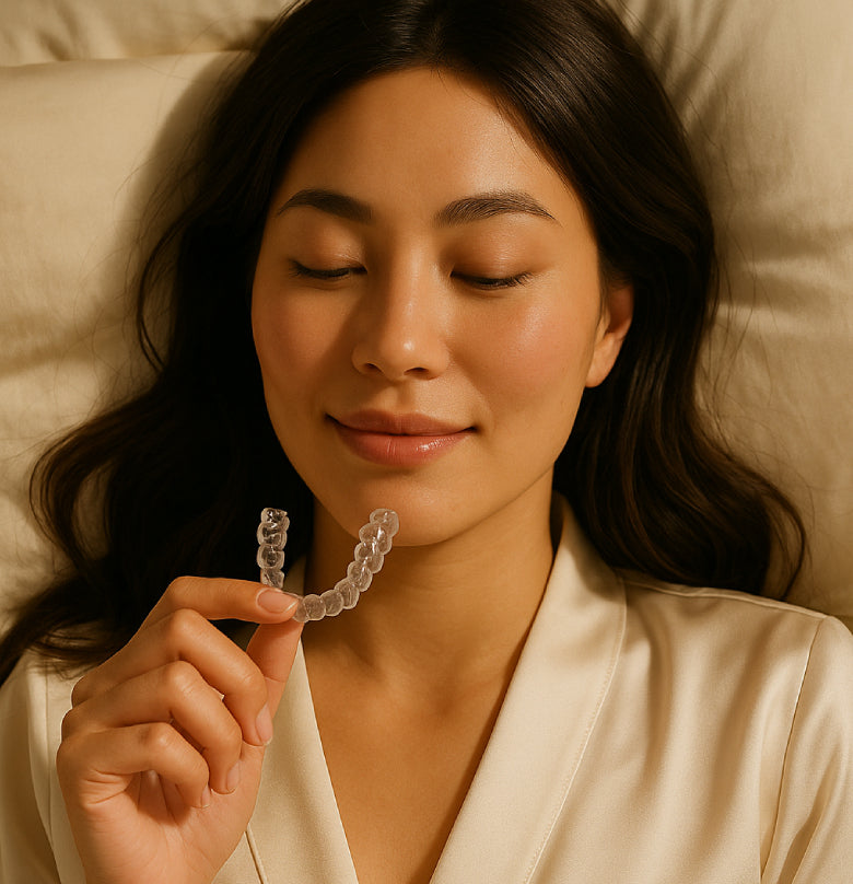 Woman holding clear aligners in bed