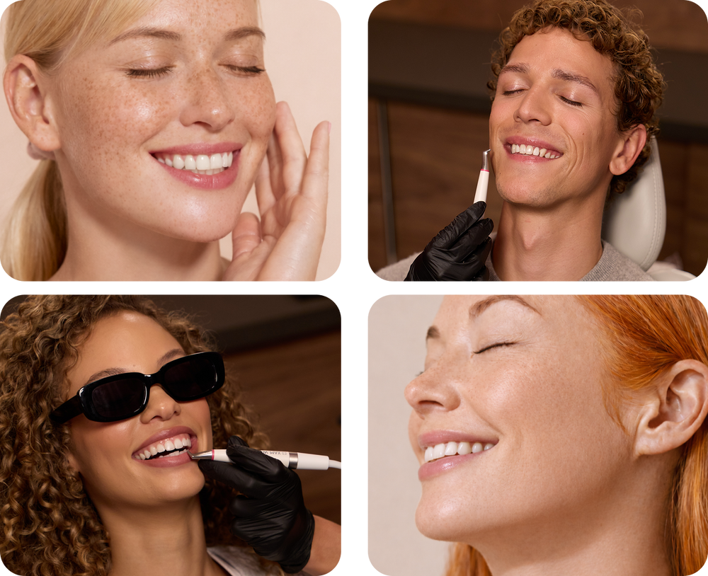 Collage of four people with close-up shots of their faces, focusing on smiles and dental care.