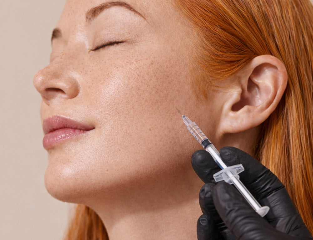 Woman receiving a facial injection in her masseter with a syringe held by a professional.