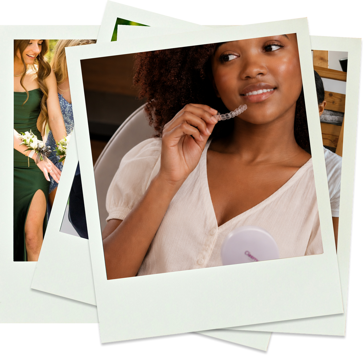 Polaroid image of woman holding clear dental aligner near mouth