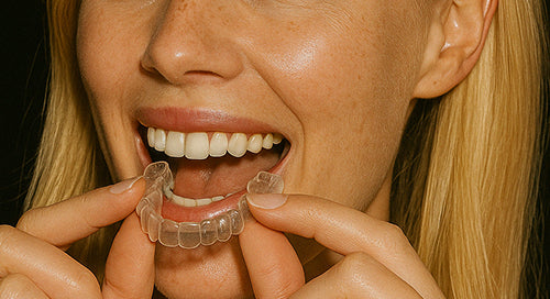 Person holding a clear dental aligner between their fingers