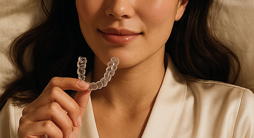 Woman holding a clear dental aligner against a neutral background