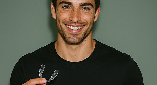 Man holding a clear dental aligner against a plain background
