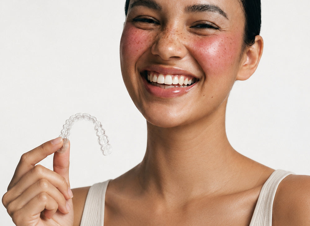 Smiling woman holding clear dental aligners
