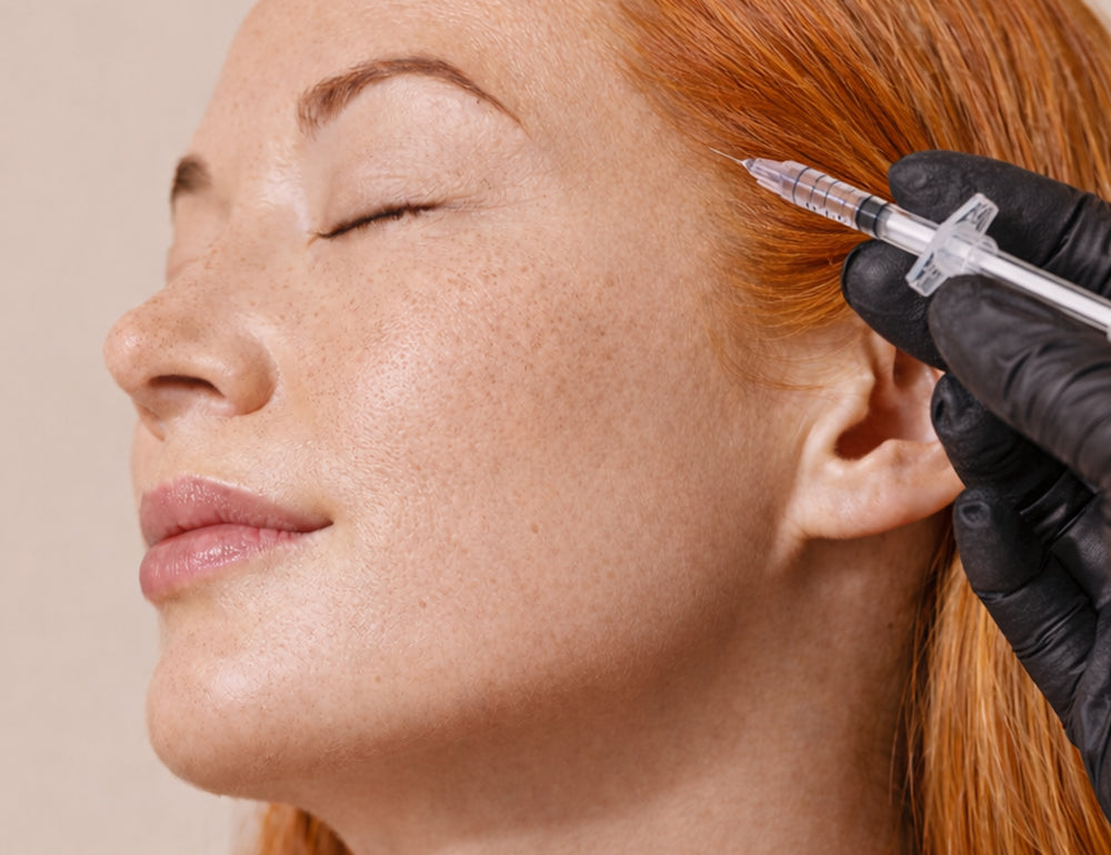 Close-up of a woman receiving a facial injection near temples 